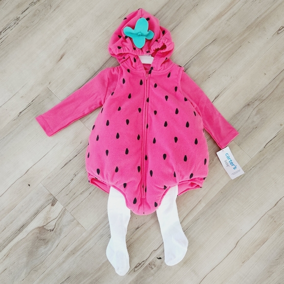 Carter's Baby Strawberry Halloween Costume 6/9 12 Month Tights Fruit Warm Fleece - Picture 1 of 5